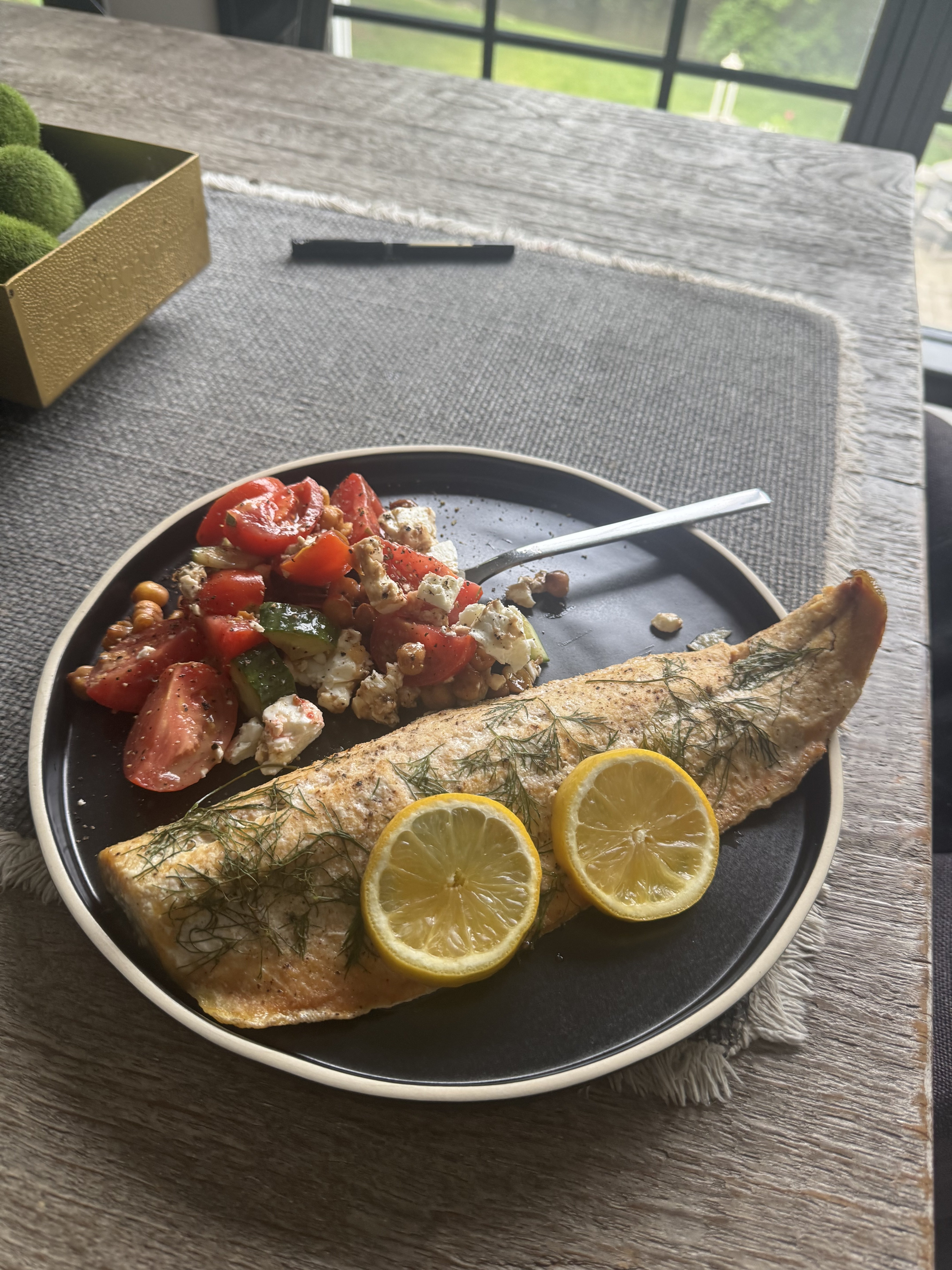 Garden-to-table dinner — pan-seared fish with fresh tomato cucumber salad from the garden